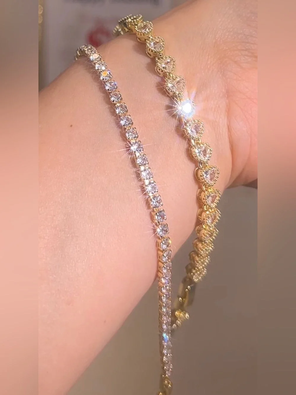Gold Plated Heart & Crystal Tennis Bracelet Stack Set 7”